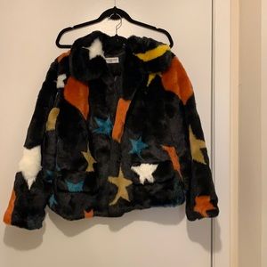 Medium, black with stars, faux fur coat